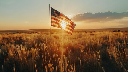 Wall Mural - american flag waving in field during sunset