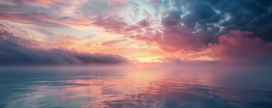 Colorful sunrise over a foggy coastline, 4K hyperrealistic photo