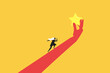 © Aan - Businesswoman run up to reach star in giant hand. concept of Employee success recognition, encourage and motivate best performance, cheering or honor on success or achievement