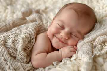 Wall Mural - The cute baby is sleeping and smiling.