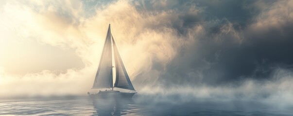 Wall Mural - Sailboat navigating through a dense fog bank, 4K hyperrealistic photo