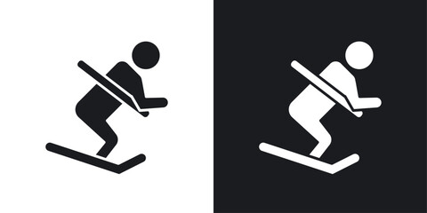 Skiing person icon set. Winter sports and recreation activity vector symbol.