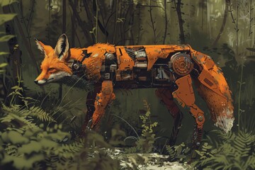 Wall Mural - A robot fox is walking through a forest
