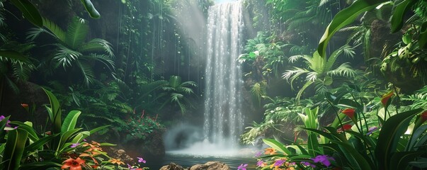 Wall Mural - Powerful waterfall surrounded by lush vegetation and vibrant wildflowers, 4K hyperrealistic photo
