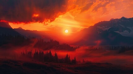 Wall Mural - traveling through nature with an orange sky and a backdrop of mountains with the sunrise