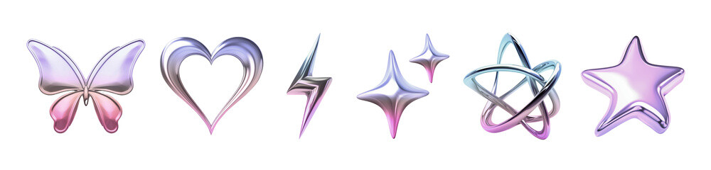 Wall Mural - 3d y2k metallic icons png element set on transparent background