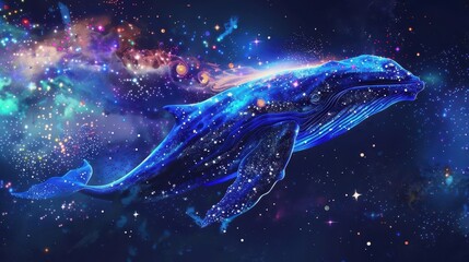 Canvas Print - whimsical cosmic whale swimming through starry universe concept illustration