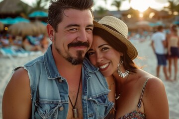 Portrait of a blissful couple in their 30s wearing a rugged jean vest in bustling beach resort background