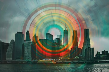 Wall Mural - lConcentric circles in colorful, overlayed to form an optical illusion over building skyline including The Bridge and skycrapers, dark grey background