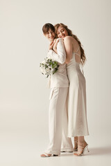 Wall Mural - Two brides in white attire embrace during their wedding ceremony, radiating joy and love.