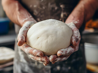 Wall Mural - Baker Holding the Dough by two hands. Close up shot.