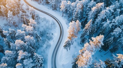 Wall Mural - winding road through snowy forest in winter aerial landscape photography