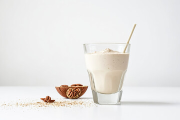 Poster - Creamy pecan milkshake with pecan halves on white background