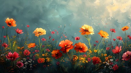 Wall Mural - **Spring meadow with blooming flowers on a solid background