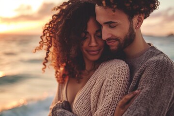 Wall Mural - Portrait of a content multiethnic couple in their 30s showing off a thermal merino wool top while standing against stunning sunset beach background