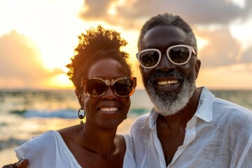 Wall Mural - Portrait of a smiling afro-american couple in their 50s wearing a trendy sunglasses in front of stunning sunset beach background