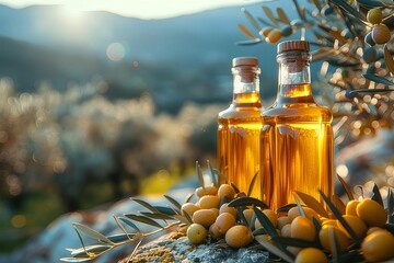 Two Bottles of Olive Oil Resting Among Olives in an Olive Grove at Sunset