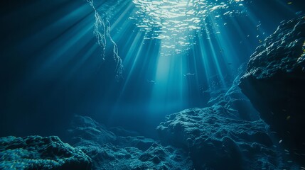 Poster - Tranquil underwater scene with sunbeams streaming through the clear turquoise water. The calm seascape showcases gentle ripples and a serene ocean floor, creating an ethereal and peaceful atmosphere.