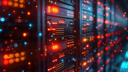 Row of network servers with glowing LED lights