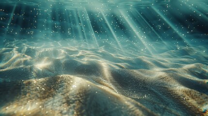 Wall Mural - Serene underwater scene with sunbeams piercing the deep turquoise water. Rays of light create a calm and tranquil seascape, with ripples and bubbles, beauty of the aquatic environment.
