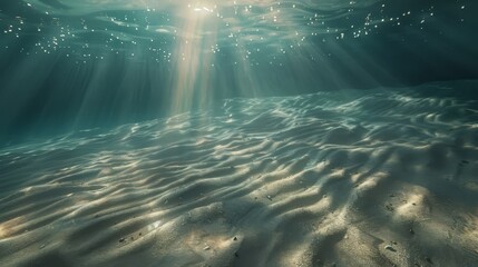 Poster - Enchanting underwater world with glowing sunbeams and shimmering waves. The deep, transparent water reflects the light, creating a tranquil and mysterious seascape.