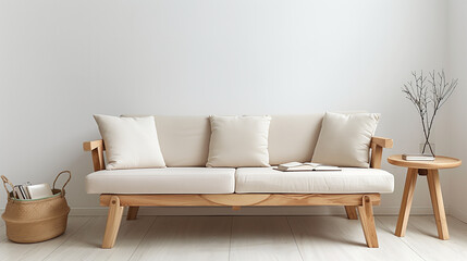 modern living room featuring a minimalist design aesthetic with neutral tones. A contemporary sofa with light-colored upholstery and wooden frame