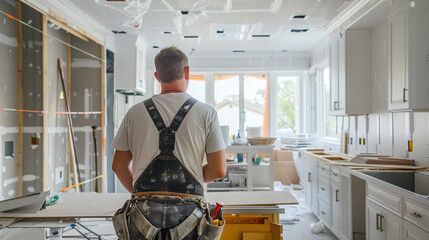 A Construction Worker Mason Remodeling A Spacious Kitchen With Windows Overlooking The Outdoor Scenery, Perfect For Home Improvement Articles Or Advertisements.