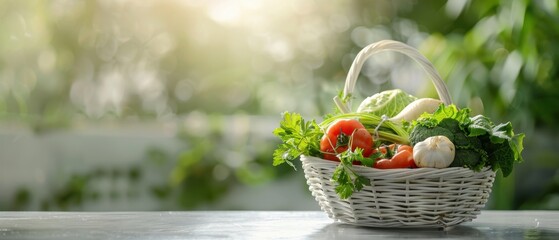 Bright, clear basket filled with freshly picked organic vegetables from a garden, minimalistic shapes with space for text