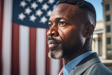 Wall Mural - Portrait of an adult black man on the background of the USA flag, Patriotism concept