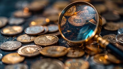 A magnifying glass amplifying a coins 