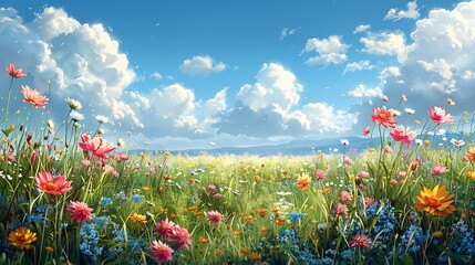 Poster - **Spring meadow with colorful flowers on a solid background