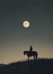 Wall Mural - Cowboy Riding into the Sunset with Full Moon