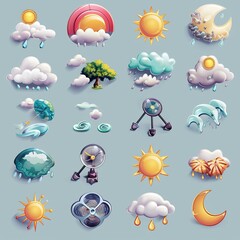 54 dynamic cartoon weather icons depicting various climatic conditions