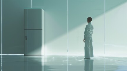 Sticker - A woman standing in a room with white walls and floor, AI