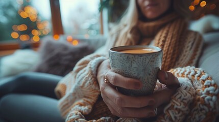 Poster - A woman in a sweater holding up her cup of coffee, AI