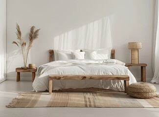 Wall Mural - Scandinavian style bedroom interior with a white bed, wooden furniture and a carpet on the floor