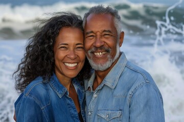 Wall Mural - Portrait of a joyful mixed race couple in their 60s sporting a versatile denim shirt isolated in crashing waves background