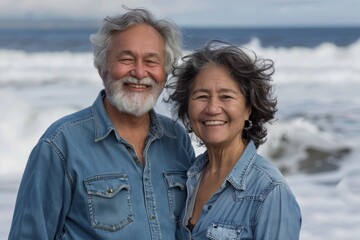 Wall Mural - Portrait of a joyful mixed race couple in their 60s sporting a versatile denim shirt isolated on crashing waves background