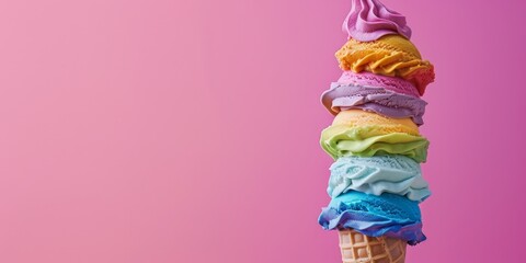 Colorful ice cream scoops in a waffle cone against a vibrant pink background, capturing the delicious and fun essence of a sweet summer treat.