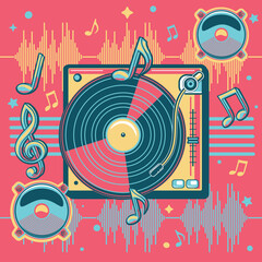 Sticker - Colorful musical vinyl record player turntable, speakers and notes - music design