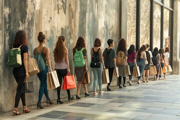 Long line of people queueing outside a modern building