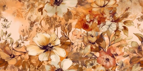 Wall Mural - Golden beautiful watercolor draw paint ink flowers plant blossom texture pattern wallpapper scene