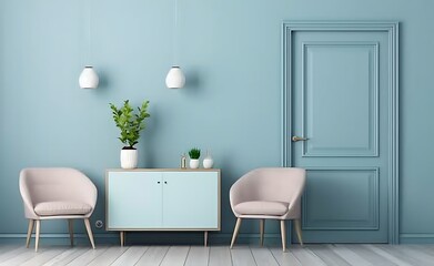 Wall Mural - Stylish interior design of a modern living room with a cabinet, armchairs and a door on a blue wall background