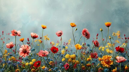 Wall Mural - **Spring meadow with wildflowers on a light blue background