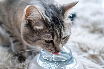 Cat eating water in pet water bowl at home.