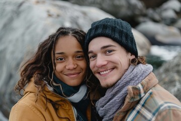 Wall Mural - Portrait of a glad multicultural couple in their 20s wearing a thermal fleece pullover in rocky shoreline background