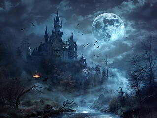Haunted Castle with Full Moon