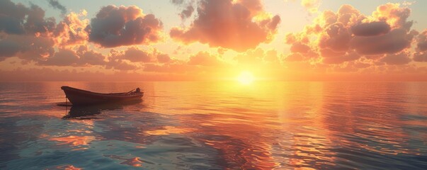 Wall Mural - Serene sunrise over a calm sea with a fishing boat in the distance, 4K hyperrealistic photo