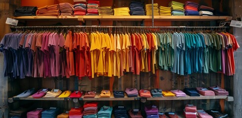 Wall Mural - Colorful T-Shirts Displayed On Wooden Shelves In Retail Store