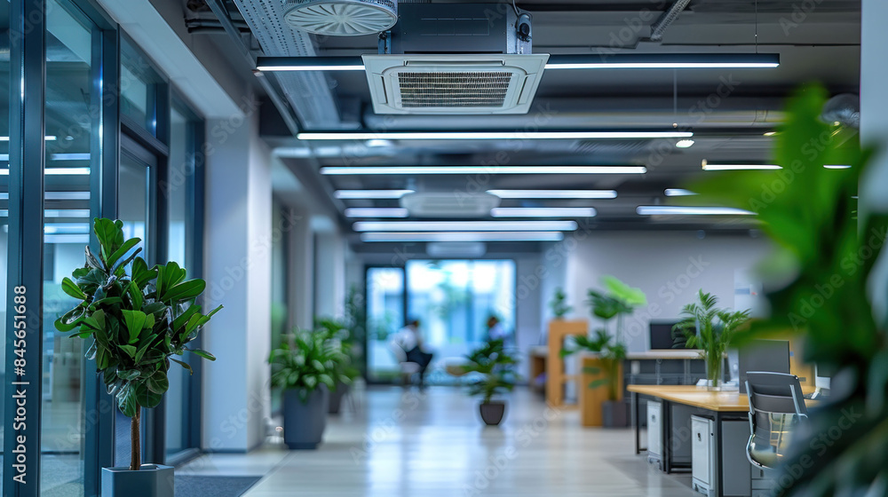 Interior room with ceiling mounted cassette type air conditioner ...